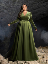 Plus-V-Ausschnitt-Langarmkleid aus Satin in A-Linie mit Gürtel